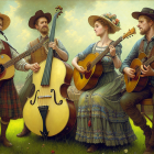 Stylized characters in vintage attire playing string instruments in whimsical field