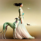 Elegantly dressed woman with greyhound, birds, and cat in a serene setting