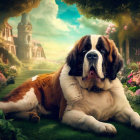 Saint Bernard Dog Relaxing in Lush Garden