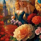 Illustration of woman with golden hair, hat, corset, vibrant flowers, and castle.