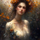 Woman portrait with floral adornments in lush, impressionistic blooms