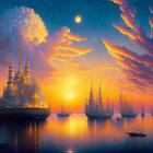 Vibrant sunset seascape with ornate ship and sailing ships on calm waters