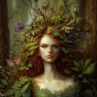 Ethereal forest fairy with translucent wings and autumn crown in mystical woodland