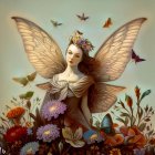 Colorful digital artwork: Woman with butterfly wings in floral setting