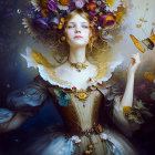 Woman in ornate floral headdress and gold dress with butterflies.