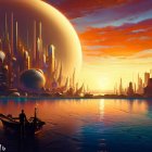 Futuristic cityscape with towering spires, person on dock, sailboats, and large planet