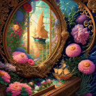 Golden-framed mirror reflects garden, ship, floral details