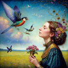 Vintage Attired Woman with Flowers in Hair Surrounded by Birds and Butterflies in Meadow