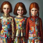 Vintage dresses on three girls with roses, intricate hairstyles, and melancholic gaze