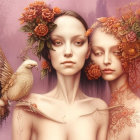 Stylized women with floral headpieces and birds on soft pink background