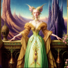 Regal female figure in ornate yellow dress in fantasy landscape