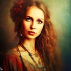 Woman portrait with curly hair, flower adornments, and bohemian jewelry.