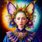 Digital portrait of a woman with butterfly wings and floral adornments in a cosmic setting