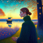 Surreal painting of serene woman in dreamlike landscape