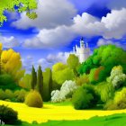 Enchanting fairy tale landscape with castle, whimsical trees, animals, and winding path