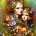 Vibrant floral illustration of two women with golden hair