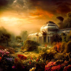 Victorian greenhouse in lush garden at misty sunset with flying birds