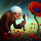 Elderly man with white beard using brass telescope in red poppy field