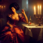 Woman in Red Dress at Candlelit Table with Introspective Gaze