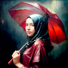 Melancholic young girl with red umbrella and bird in rainy scene