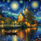 Vibrant Van Gogh-style painting: Starry night sky, waterfront house, boat, floral