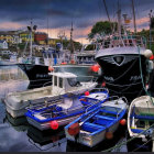 Tranquil harbor scene with moored boats and quaint buildings