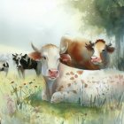 Colorful cow and bird scene in a serene nature setting