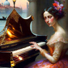 Elegant woman playing grand piano by river at dusk in flowery dress with Venice backdrop.