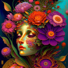 Surreal portrait of woman with floral and celestial elements