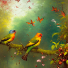 Colorful birds on mossy branch in enchanted forest with butterflies.