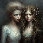 Ethereal female figures with elaborate hairstyles and ornate clothing in a somber setting