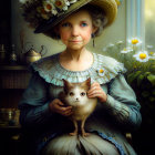 Elderly woman in vintage attire with bonnet holding a cat by window with daisies