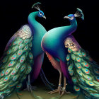 Fantasy illustration: two peacocks with starry, gradient feathers and integrated creatures on dark background