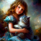 Young girl in blue dress embracing tabby cat among delicate flowers.