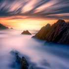 Surreal image of ship near floating island with waterfall and house under cloudy sunset