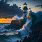 Nighttime seascape with lighthouse, cliffs, stars, birds, and ocean.