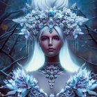 Fantasy image of woman with pale skin, blue eyes, crystal crown, icy twigs.