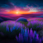 Vibrant lavender field at sunset with dramatic sky