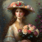 Illustrated woman with floral hat and intricate golden necklace among roses