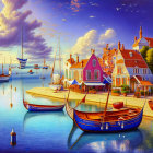 Colorful Fantasy Landscape: Houses, Lake, Boats, Butterflies, Spire