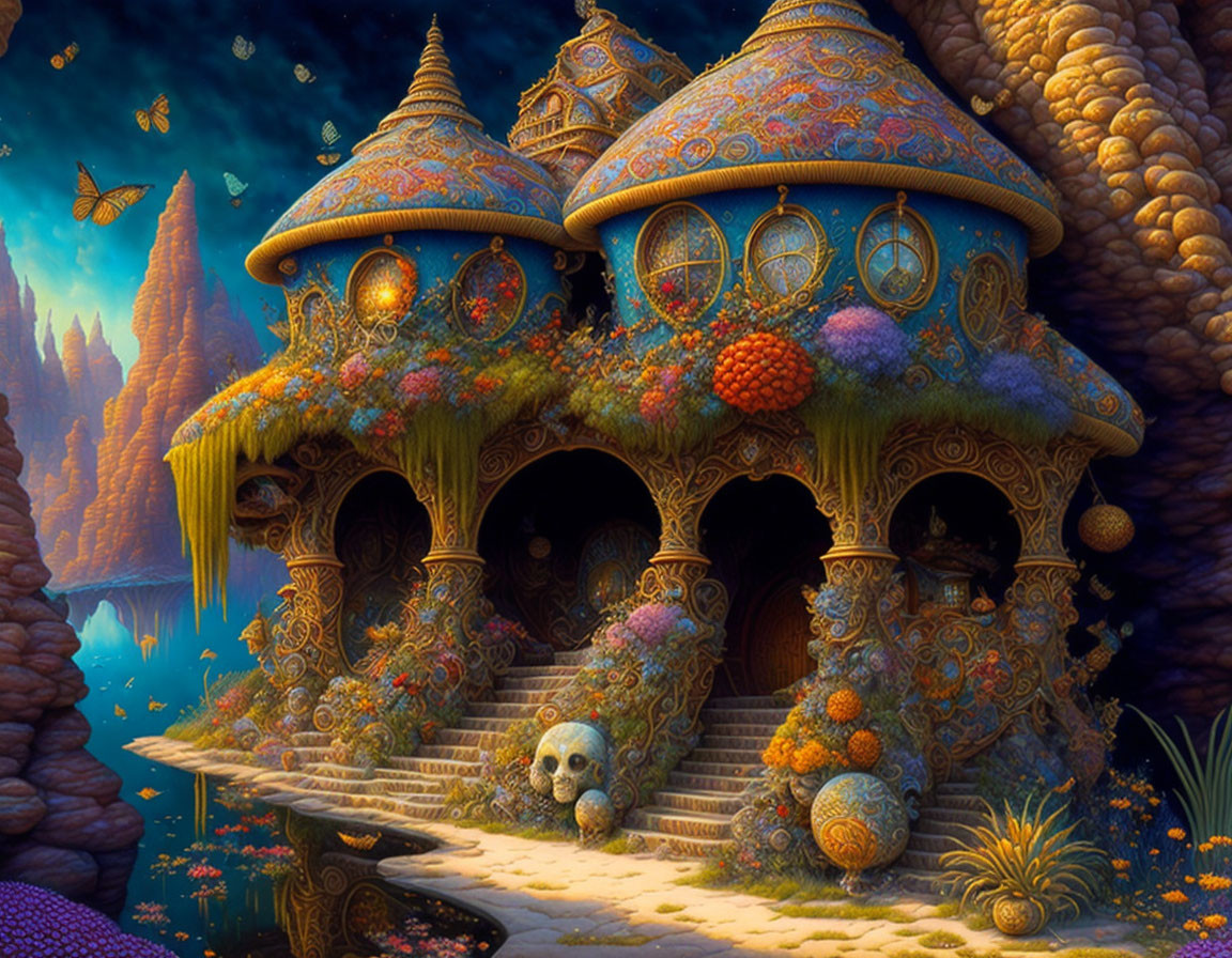 Vibrant fantasy landscape with mushroom house, lush vegetation, and skull detail