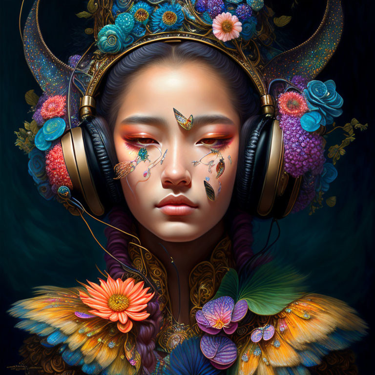 Woman with floral headgear and headphones surrounded by butterflies on deep blue background