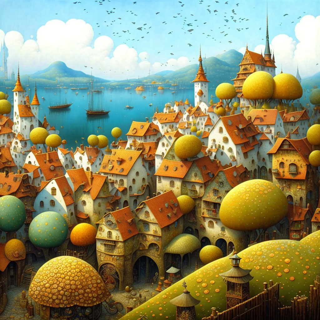 Fantasy landscape: mushroom houses, bay, boats, birds, mountains, blue sky