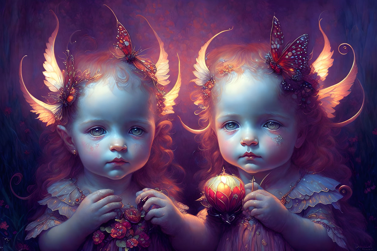 Cherub-like children with butterfly wings in mystical purple ambiance