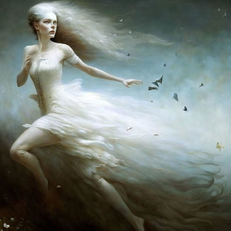 Ethereal woman in white garment with mist and butterflies.