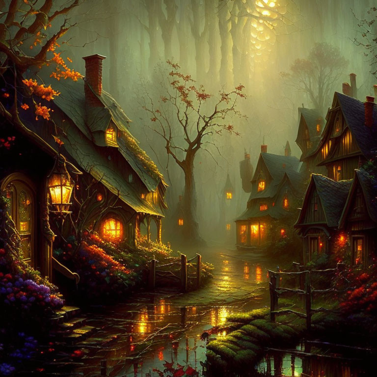 Mystical forest with glowing cottages, cobblestone path, towering trees, and vibrant flowers