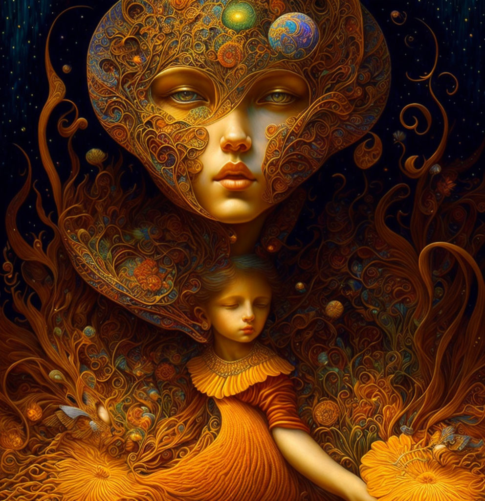 Ethereal woman and child in autumnal setting with golden headgear.