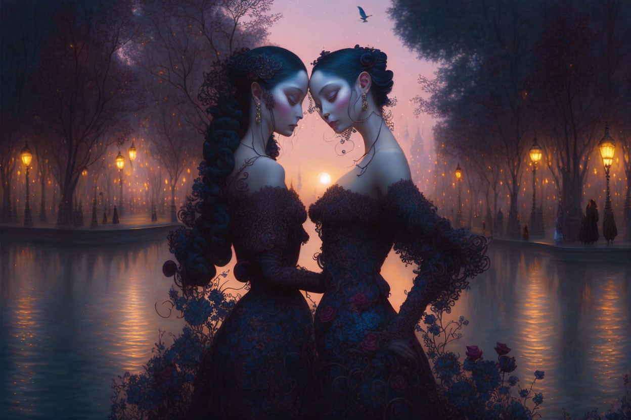 Elegantly dressed women by serene lake at twilight