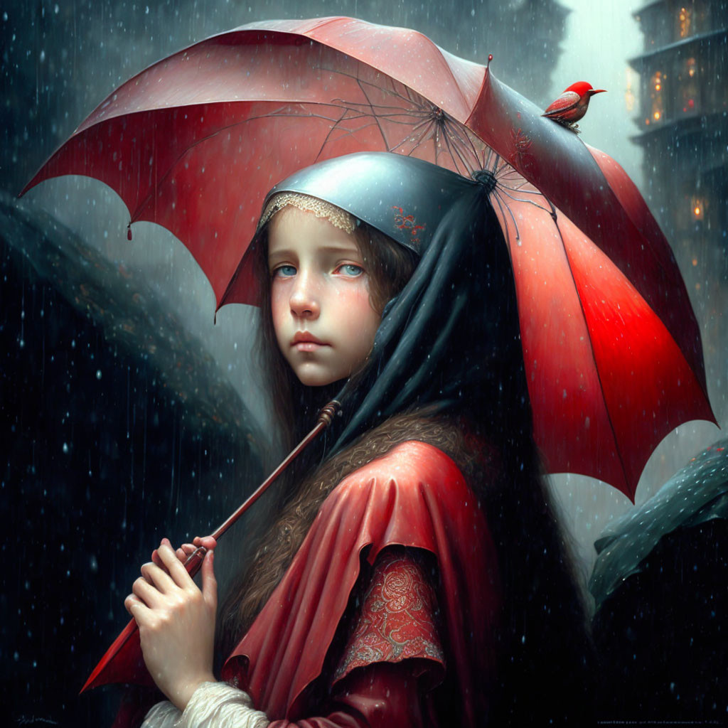 Melancholic young girl with red umbrella and bird in rainy scene