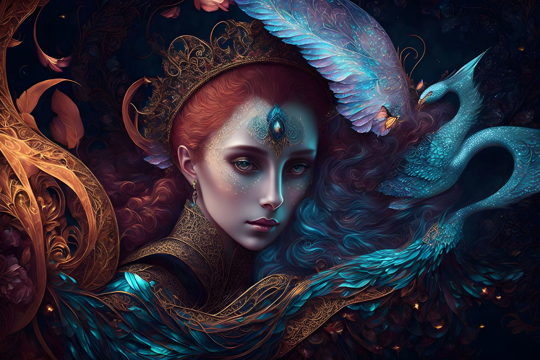 Fantasy artwork featuring red-haired woman, ornate crown, mythical bird, intricate patterns